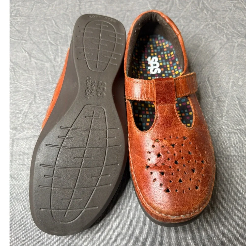 SAS Mary Jane Flats Womens 9W Roamer Brown Leather Perforated T-Strap Comfort